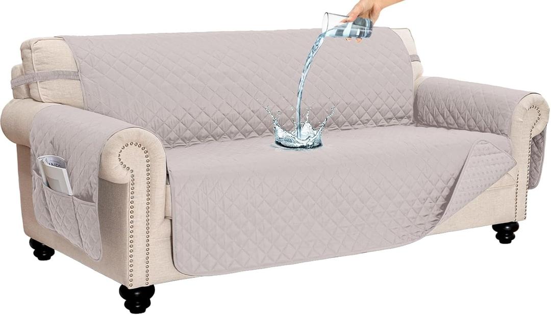 CAPALOCA 100% Waterproof Couch Cover for Dogs Washable Anti Slip Dog Couch Covers Protecter 2 Cushions Sofa Slipcover with Pockets (54" Loveseat, Beige)