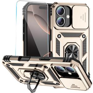 SunStory Phone Case for iPhone 16 Case with HD Screen Protector & Slide Camera Cover & Rotated Ring Kickstand, [Military-Grade] Phone Case for iPhone 16 6.1", Gold