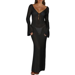 ANRABESS Women Swimsuit Swim Crochet Cover Up Knit Bathing Suit Swimwear 2026 Summer Bodycon Beach Dress Vacation Clothes (Small, Black)