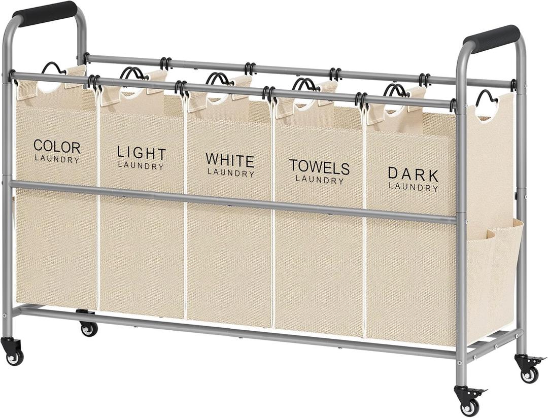 Tajsoon Laundry Sorter 5 Sections, Laundry Hamper with Heavy Duty Lockable Wheels and Removable Bags, 5 Bag Rolling Laundry Sorter Cart for Dirty Clothes Storage, Laundry Separator Hamper, Beige