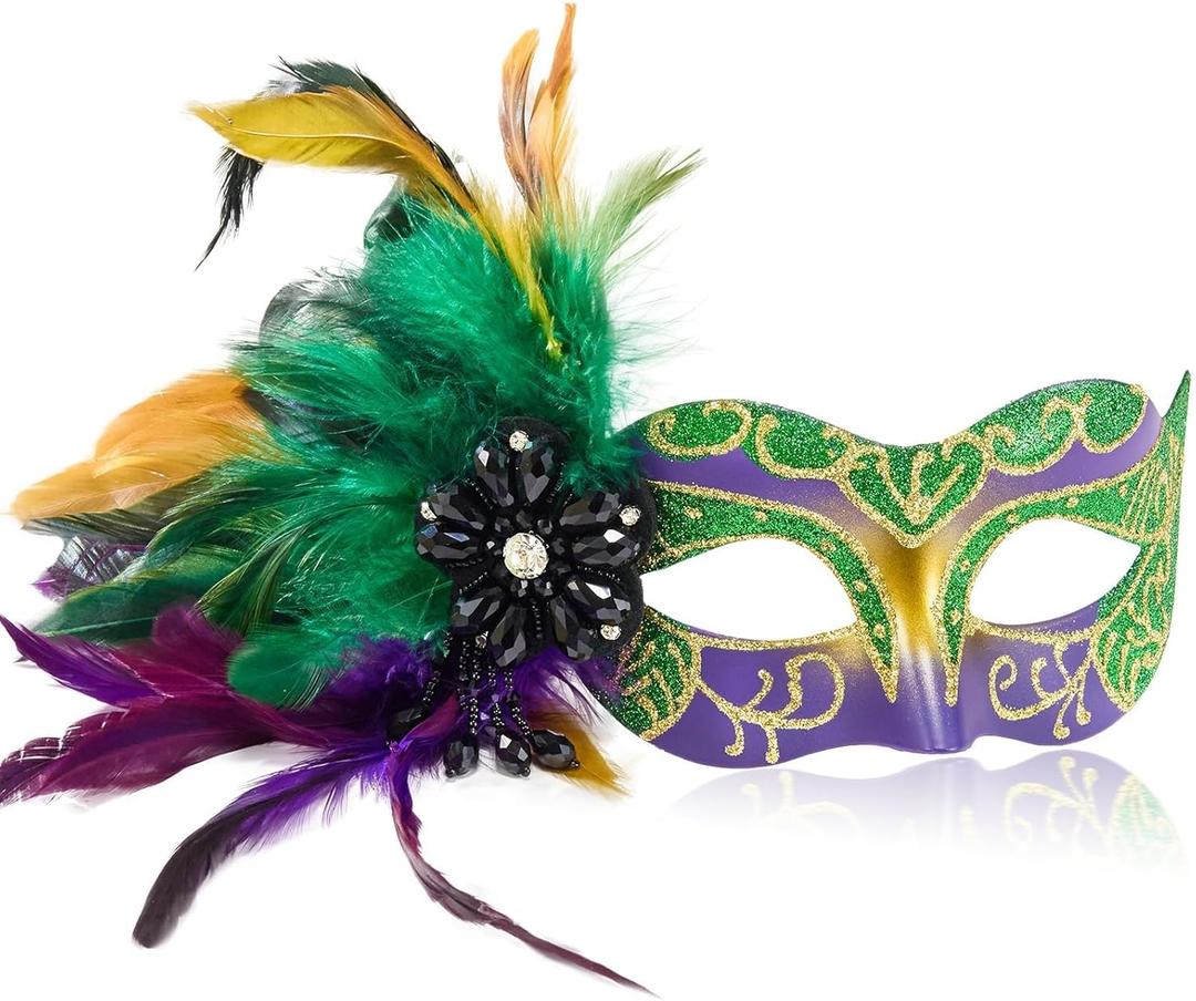 MYSEUNI 2025 New Mardi Gras Masks for Women with Feathers - Womens Mascarade Venetian Mask for Masquerade Party, Mardi Gras, Halloween Cosplay Prom, Christmas