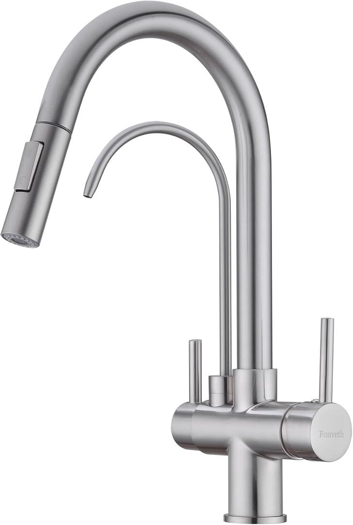 Kitchen Faucet with Pull Down Sprayer, Kitchen Sink Faucet with Drinking Water Faucet,2 Handle 3 in 1 Water Filter Purifier Faucets,Brushed Nickel