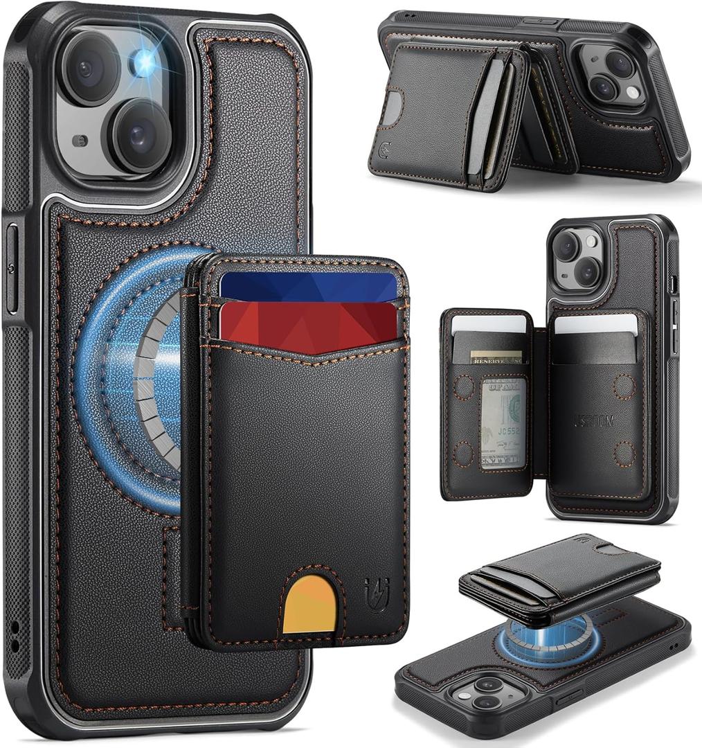 For iPhone 15 Plus Wallet Case Compatible with Magsafe, Magnetic RFID Blocking Card Holder Kickstand 2 in 1 Detachable Case for iPhone 15 Plus 6.7", Black