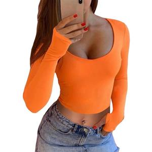 GEMBERA Women's Long Sleeve Crop Tops Scoop Neck Fitted Basic Workout Tee (Medium, Orange)