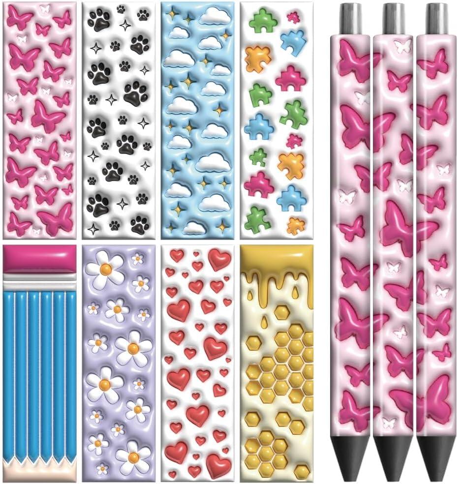 Peacoblue UV DTF Pen Wraps Transfer Sticker 3D Stereoscopic Pattern - 48pcs Waterproof HD Print UV DTF Pen Adhesive Decals for DIY Pencil Pen Decorative Crafts Gifts Giving for Mothers Day