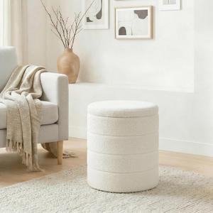 14.5" Teddy Fabric Round Storage Ottoman, 2-in-1 Flip Top Foot RestOttoman Coffee Table for Small Space Living Room,Bedroom,Hallway-White, 14.5"D x 14.5"W x 17.7"H
