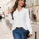 Womens Tops Dressy Casual Long Sleeve Business Casual Collared T Shirts V Neck Knit Work Blouses Loose Fit 2025 Fall (White, XXL)