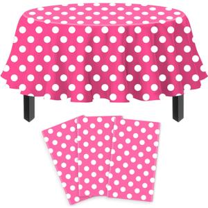 3 Pack Pink and White Polka Dots Round Tablecloth Pink Round Table Cover with White Polka Dot Plastic Table Cloth 84 in for Kitchen Dining Wedding Party