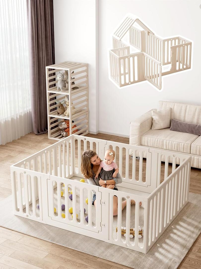 VBABY Baby Playpen, Plastic Play Pen for Babies and Toddlers 1-3, 12 Panels Large Kids Playyard, Indoor & Outdoor Baby Fence, 66" x 51", White