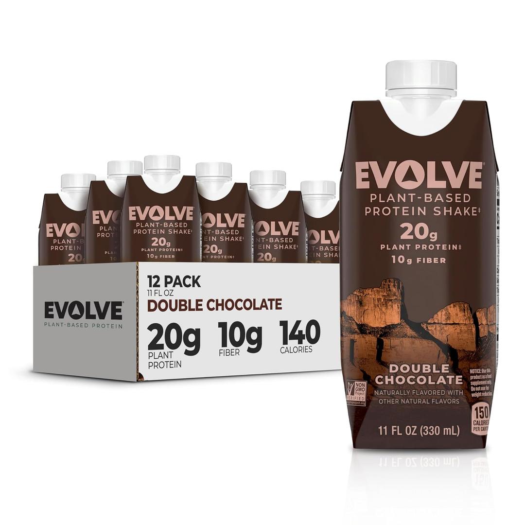 Evolve Plant Based Protein Shake, Double Chocolate, 20g Vegan Protein, Dairy Free, No Artificial Sweeteners, Non-GMO, 10g Fiber, 11 Fl Oz (Pack of 12) - (Formula May Vary) (EXP 07/21/26)