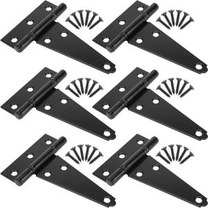 4 Inch T-Strap Shed Door Hinges Heavy Duty, Black Tee Gate Hinges for Wooden Fences, Yard Door, Barn Door Gates, Wrought Hardware Rustproof, 6Pack
