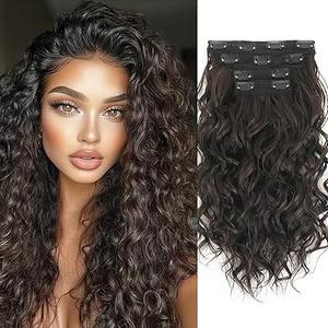 Clip in Hair Extensions,LEOSA 4PCS 16 inch Curly Hair Extensions Short Soft Natural Hairpiece Lace Weft Curly Wave Clip Ins Extensions Invisible for Women,Natura Black Brown