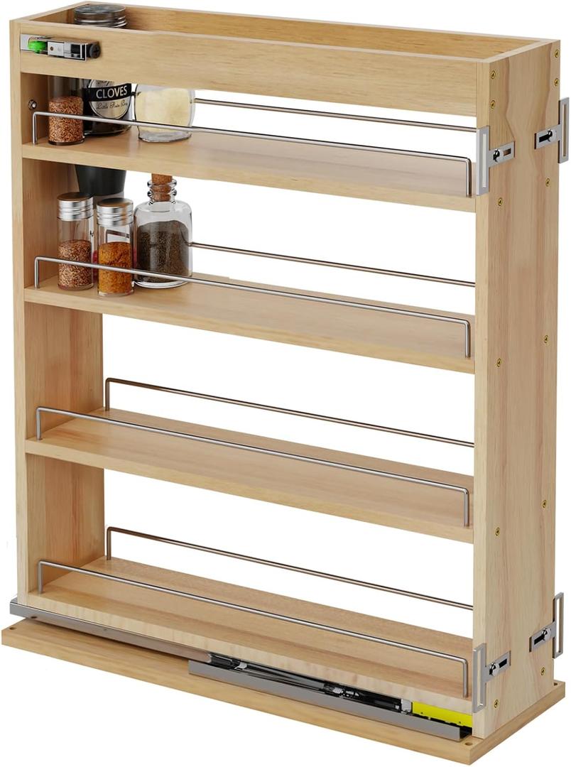 Grehitk Pull Out Spice Rack Organizer for Cabinet (5" W x 22.3" D x 25.2" H), Sliding Spice Rack for Kitchen Cabinet, Wood Pull Out Cabinet Organizer for Multi-Use