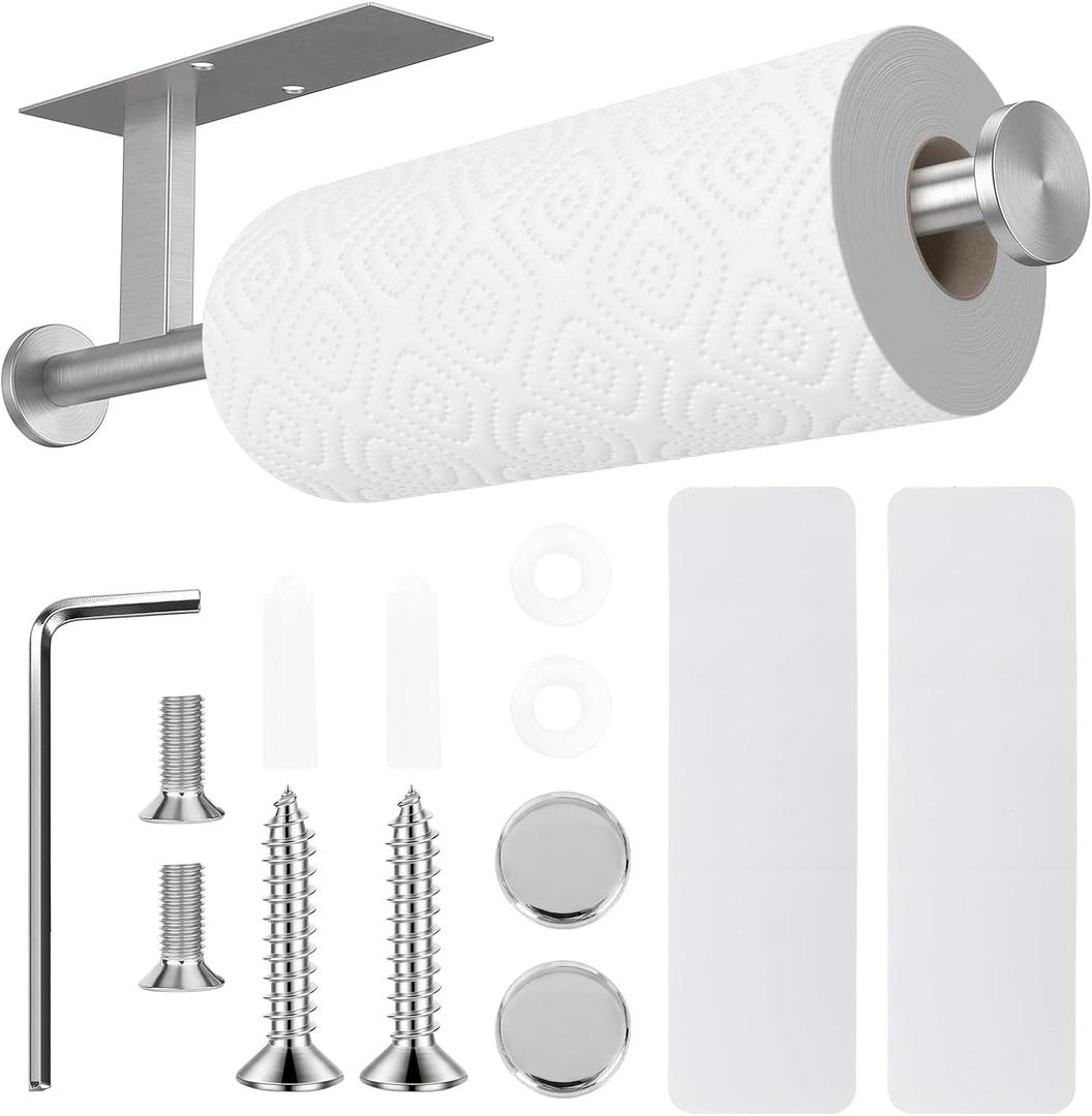 Paper Towel Holder Wall Mount - Self Adhesive No Drill or Drilling, SUS304 Stainless Steel - Kitchen, Bathroom, Sink, Pantry, Fridge (Silver)