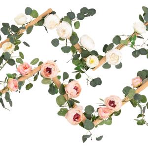 Floweroyal 2 Pack Artificial Flower Garlands 11.2FT Eucalyptus Garlands with Flowers 8 Head Peony Flower Vine Faux Floral Garland for Wedding Arch Table Wall Backdrop Wreath Decoration. (Pink & White)