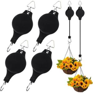 6PCS Retractable Plant Hanger Plant Pulleys for Hanging Plants Easy to Raise & Lower Auto Lock Adjustable Hook for Garden Baskets Pots Birds Feeder and Grow Lights Black