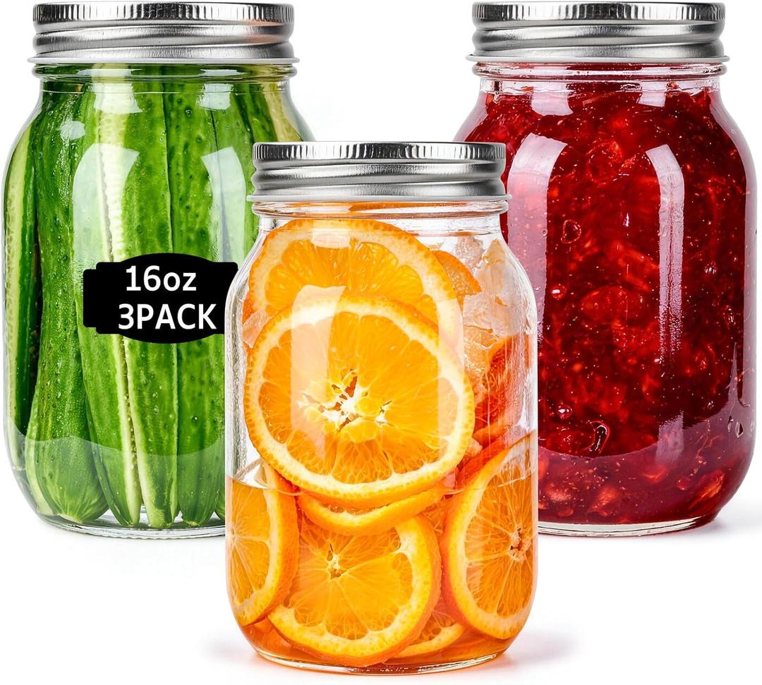 Glass Mason Jars, 3 Pack 16oz Clear Glass Regular Mouth Canning Jars with Lids for Sealing, Ideal for Food Storage, Snacks, Candies, Jam, Honey, Wedding Favors, Shower Favors, DIY Projects