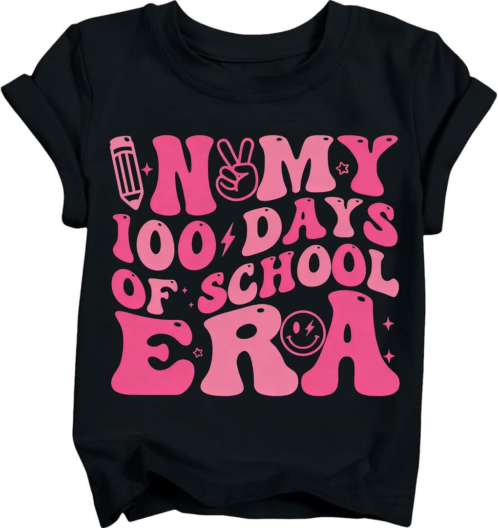 YWAGK Girls 100th Day of School Shirt Kid in My 100 Days of School T-Shirts Toddler Happy Graphic Tee Tops Black (3-4 Years)