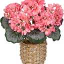 Briful Artificial Pink Geranium Flowers in Woven Basket, 11 Tall Silk Flower Arrangement, Realistic Geraniums Artificial Outdoor Plants for Home Indoor Farmhouse Table Wedding Centerpiece Decor