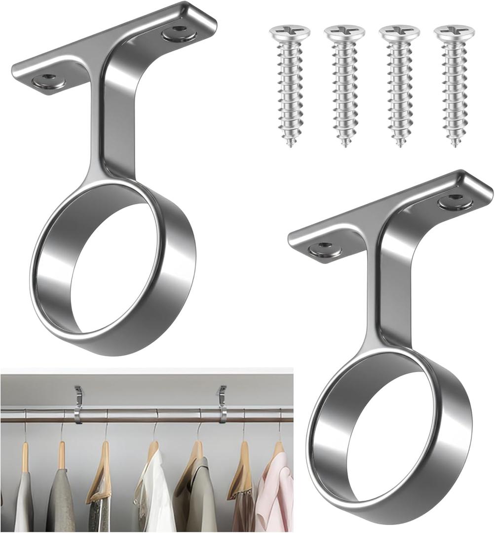 LEIFIDE 2 Pcs 1 5/16 Inch Diameter Round Wardrobe Closet Rod Suspended Center Support with Installation Screws Curtain Closet Rod Ceiling Mount Bracket for Home Wardrobe (Polished Chrome)