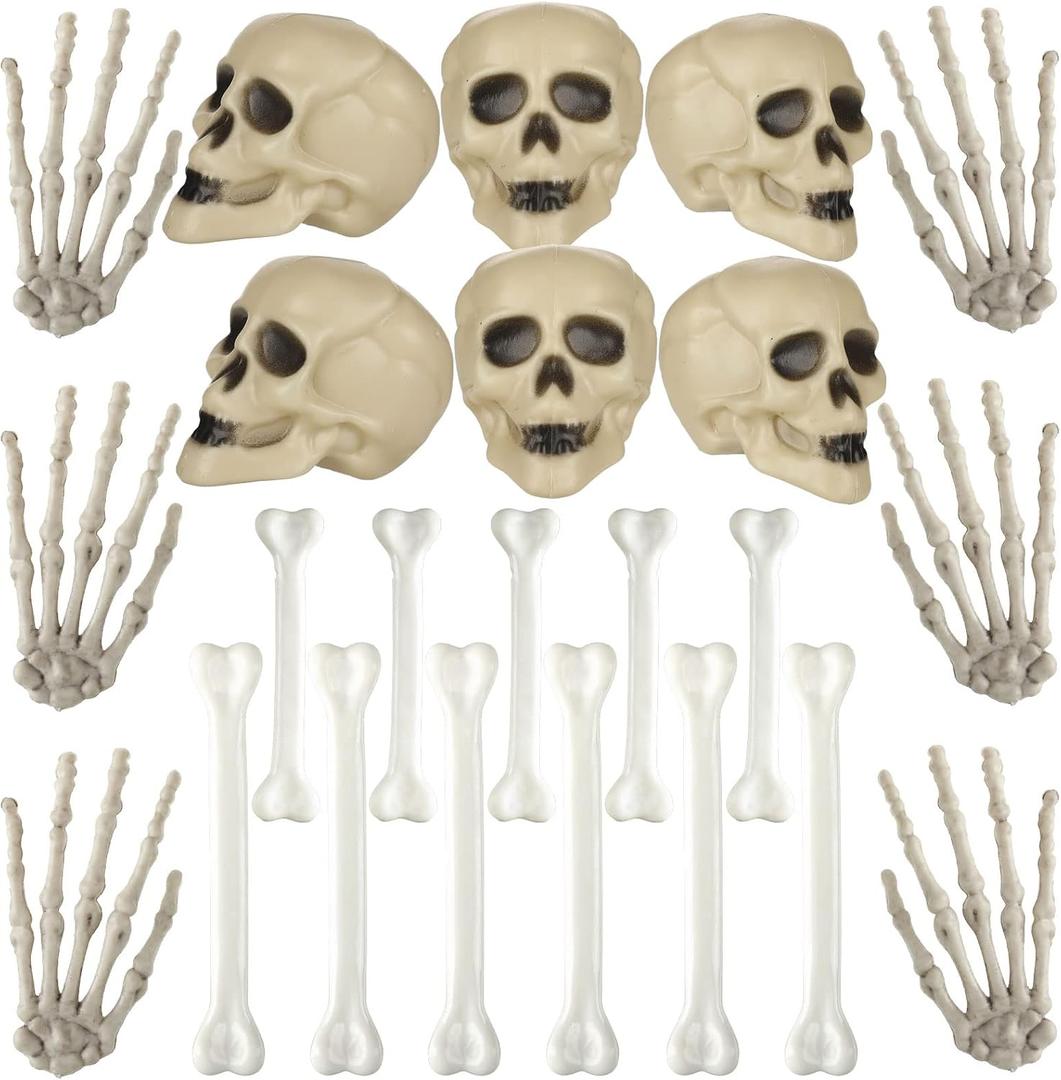 Woanger 32 Pieces Halloween Skull Decor Mini Skull Props Sets, Mini Plastic Skeleton Head and Hands Plastic Bones Skeleton Costume Bones for Halloween Party Photo Prop(Classic)