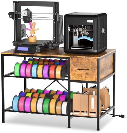 Anrigeail 3D Printer Rack Filaments Storage - Rolling 3D Printing Stand Filament Organizer,Heavy Duty 3D Printer Desk with Drawer for Workshop Studio Office (Wooden Drawer - style02)