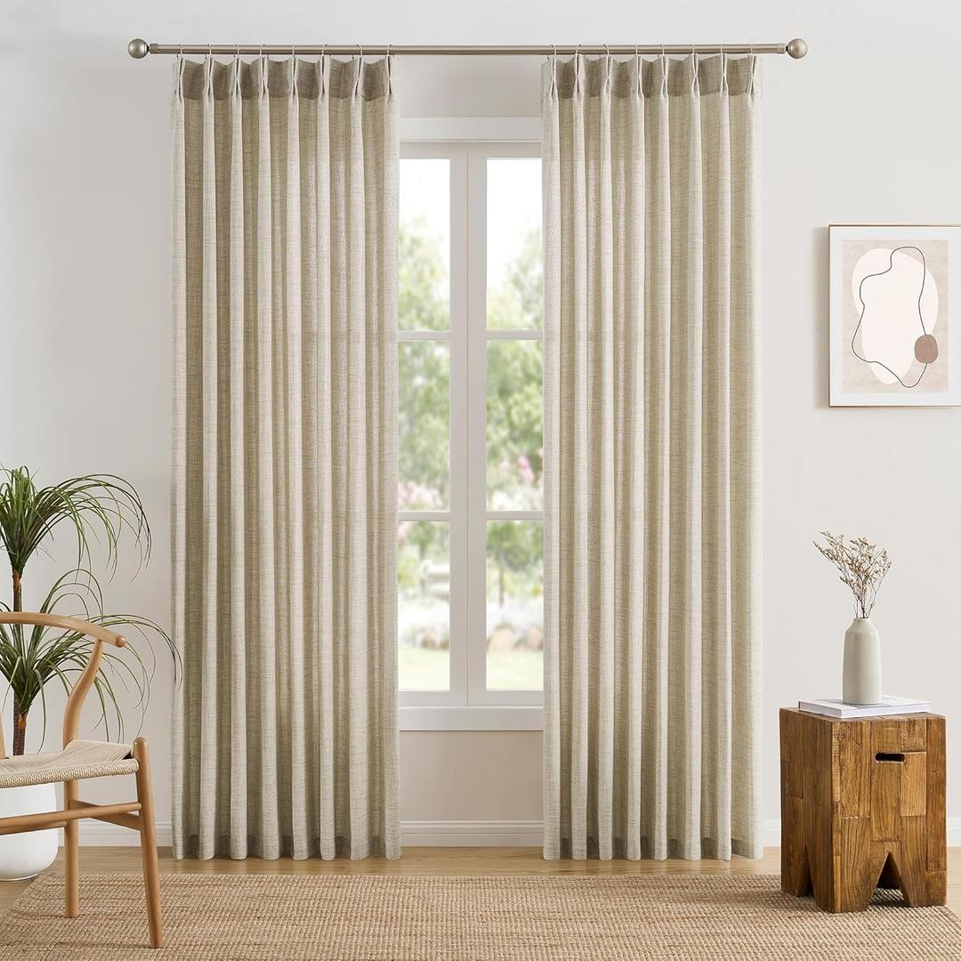 Beige Pinch Pleated Sheer Curtains 105 Inches Long,W50 x L105 Inch Light Filtering Drapes for Kids Bedroom Nursery Privacy Back Tab with Hooks Semi Sheer Curtain 2 Panels Set