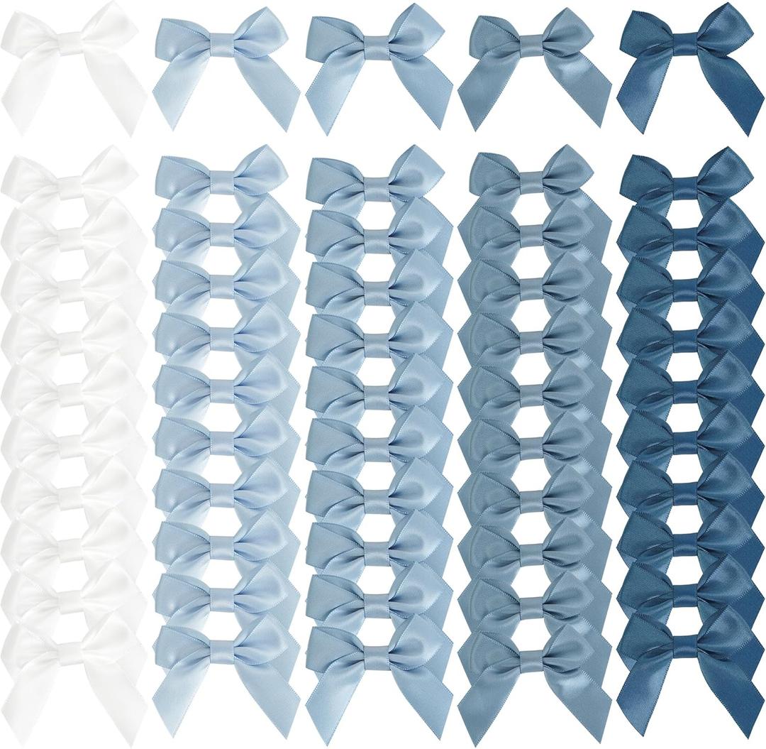 AIMUDI 5 Colors Dusty Blue 2" Satin Bows Self Adhesive Satin Bows for Gift Wrapping Premade Ribbon Bows with Double-Sided Tape for Making Crafts Baby Shower Birthday Party Wedding Decorations, 50 PCs (Multi-colored, Dusty Blue)