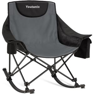 Oversized Folding Rocking Camping Chair, Padded Portable Rocking Chair with Pockets, Cup Holder and Carry Bag, Heavy Duty Outdoor Rocker Patio Chair for Garden, Lawn, Yard, Up to 400lbs, Gray