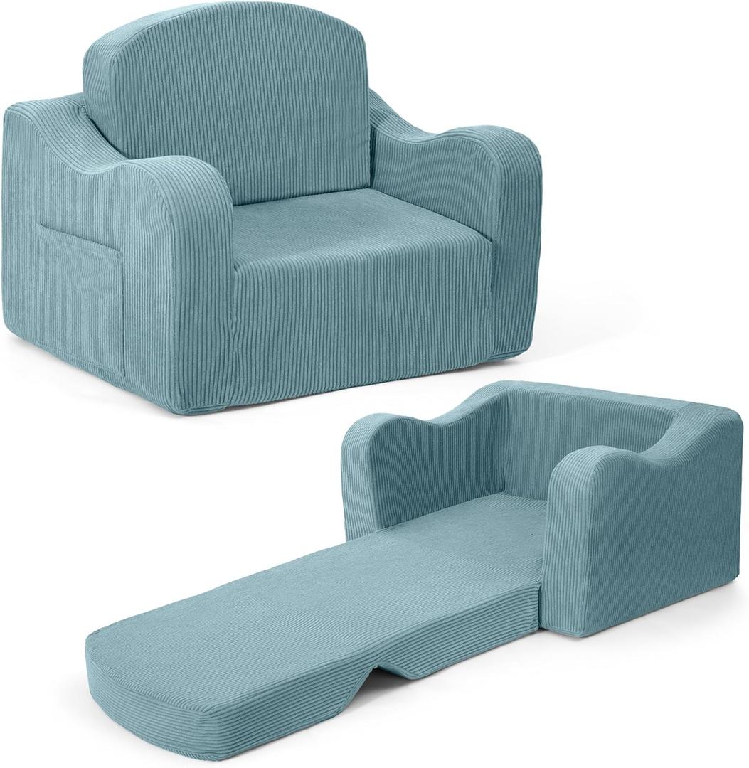 Comfy Toddler Chair for Kids, 2-in-1 Toddler Soft Plush Couch Fold Out, Convertible Kids Couch to Lounger, Baby Sofa for Boys and Girls, Blue