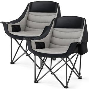 2-Pieces Heavy-Duty Oversized Portable Folding Camp Chair for Adults-Padded Seat, 500lbs Support, Cup Holder, Cooler Pockets for Outdoor, Beach, Fishing, Garden (Black & Light Gray)
