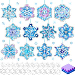 DoubleFill 60 Sets Snowflakes Suncatchers Kit Bulk Winter Snowflakes Tissue Paper Make Your Own Snowflake Stained Glass Ornament for Window Xmas Decoration