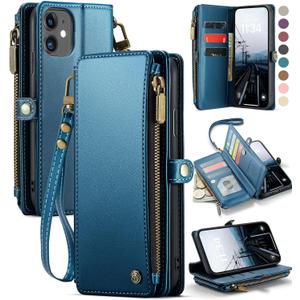 Defencase Compatible with iPhone 11 Case Wallet with RFID Blocking Card Holder for Women and Men, Fashion PU Leather Magnetic Snap Flip Zipper Strap Wallet Phone Case Fit for iPhone 11 6.1", Dark Blue
