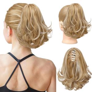 KooKaStyle Ponytail Extension, 10" Short Claw Clip in Pony Tails Hair Extensions Curly Wavy Synthetic Drawstring Hairpieces for Women Honey Blonde with Ash Blonde Highlights