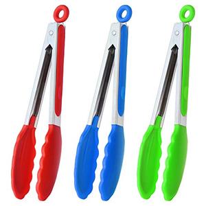 HINMAY 9" Silicone Kitchen Tongs with Silicon tips, Set of 3 (Red Blue Green)