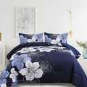 Menghomeus King Size Comforter Set Navy Blue Floral Bedding Comforter Sets - Soft Microfiber Bed Comforter Set for All Season, 3 Piece Botanical Flowers Comforter, Pillowcases