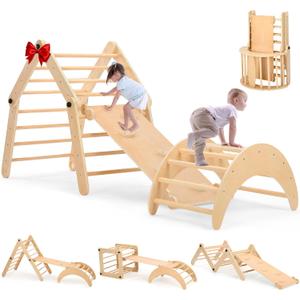 Dripex Deformable Pikler Triangle Set, Fun Over 20 Playing Modes Climbing Toys for Toddlers 1-3 Inside, Large Sturdy Indoor Playground Jungle Gym Playset, Premium Early Learning Toddler Climbing Toys (Natural Deformable Climbing Set)