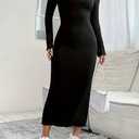 Women's Ribbed Knit Bodycon Midi Dress Long Sleeve Round Neck Side Slit Slim Fit Long Dress Small