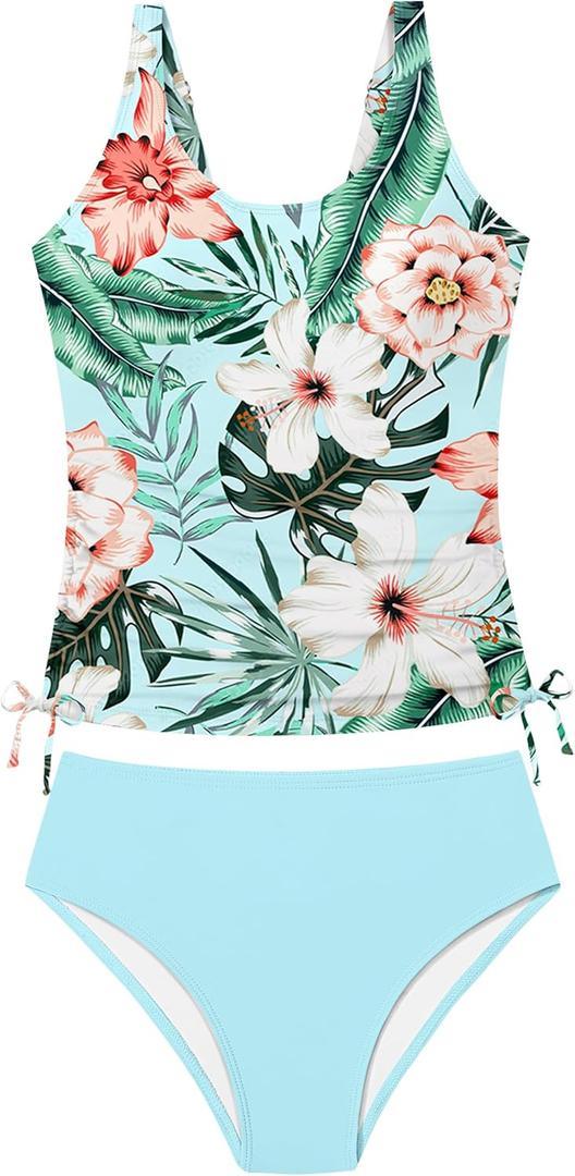 Qaoerde Girls Swimsuit Tropical Print Bikini Set with Ruffle Hem Two Piece Criss Cross Bathing Suits for Girls 7-14 Years (9-10 Years, Blue Plant)