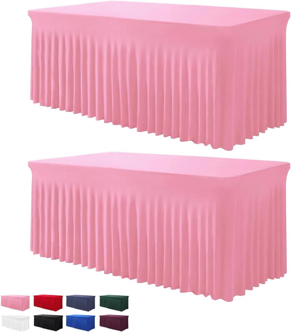 Table Skirts for Rectangle Tables 6ft - 2 Pack One-Piece Pink Tablecloths and Skirt, Wrinkle Resistant Ruffles Elastic Cover for Banquets, Weddings, Events, Parties (72" x 30" (Rectangular) 2Pack)