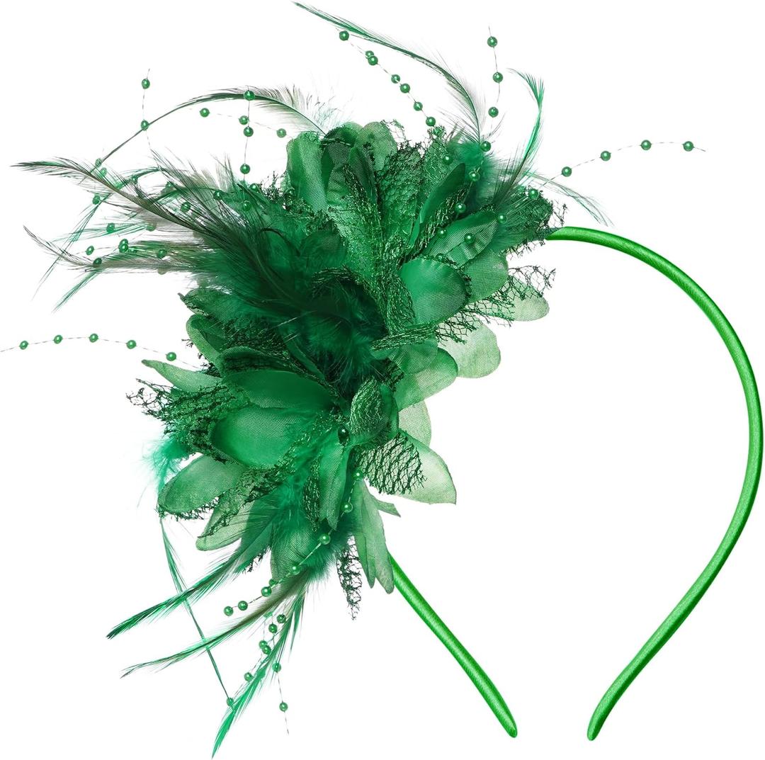 Womens Fascinators Hats Tea Party Hats for Women, Feather Pearl Veil Headband for Wedding Cocktail Dresses Accessories (One Size, Green)