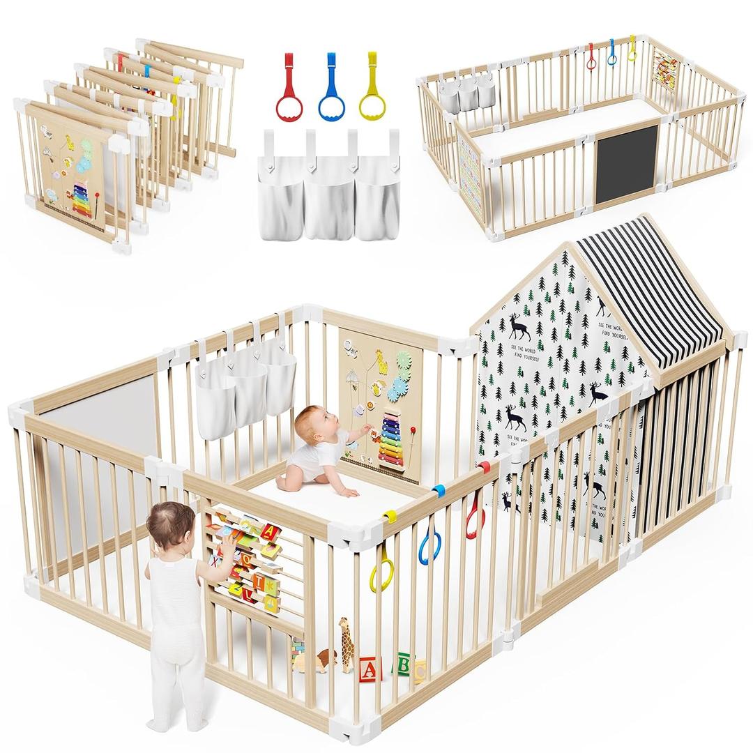 Large Wooden Baby Playpen with Locking Gate for Babies and Toddlers