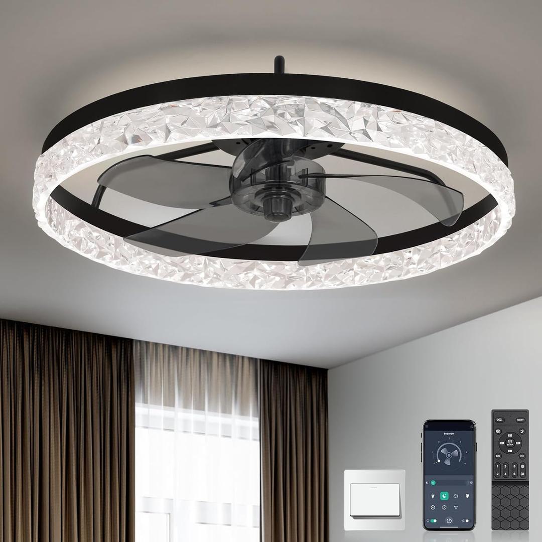 19'' Modern Ceiling Fans with Lights, Low Profile Flush Mount Remote Reversible Ceiling Fan Black
