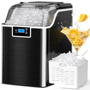 ZAFRO Nugget Ice Makers Countertop,45lbs/Day Pebble Ice Maker Machine with Self-Cleaning,24hrs Timer,LED Panel Sonic ice Maker with Ice Scoop and Ice Basket for Home/Bar/Party (Stainless Steels Black) (Black-45)