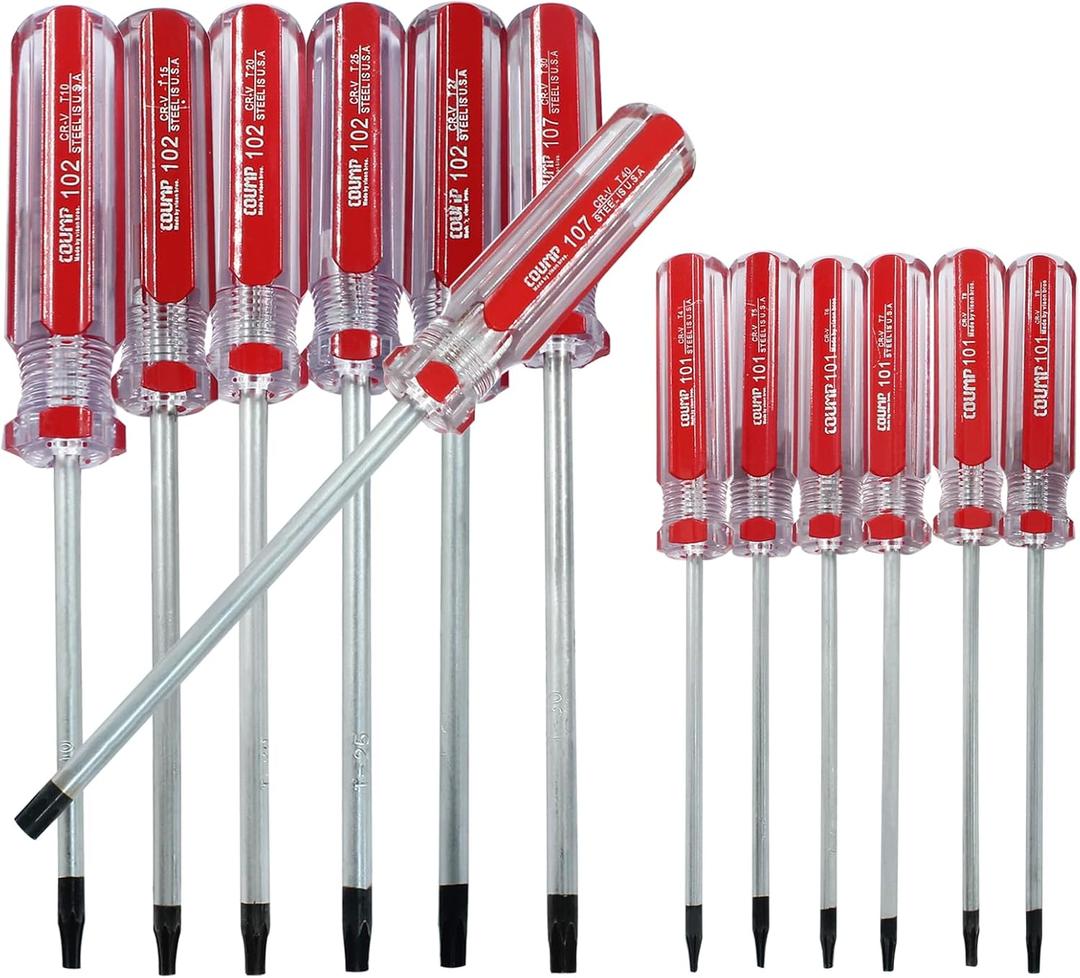 13 Pc Security Torx Screwdriver Set with Magnetic Tip, T4 T5 T6 T7 T8 T9 T10 T15 T20 T25 T27 T30 T40 Cr-V Steel Screwdriver with Red Insulated PVC Handle for Repairing and DIY
