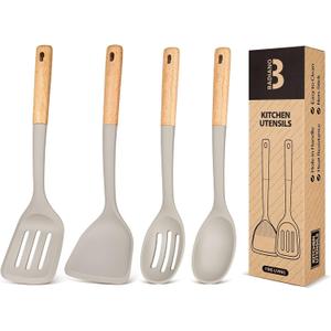 Silicone Cooking Utensils Set, Perfectly Angled for Frying, Mixing,Serving,Draining,Turning and Stirring, BPA-Free Matte Silicone, Wood Handles, Safe for Nonstick Cooking Surfaces,4 Pack (Khaki)