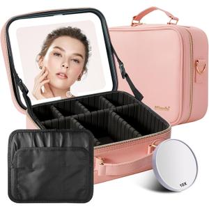 Mocado Travel Makeup Bag with LED Lighted Mirror, Travel Makeup Organizer, Makeup Case with 3 Color Lighted Setting and 10x Magnifying Mirror, Portable Storage and Adjustable Dividers Makeup Box(Pink)