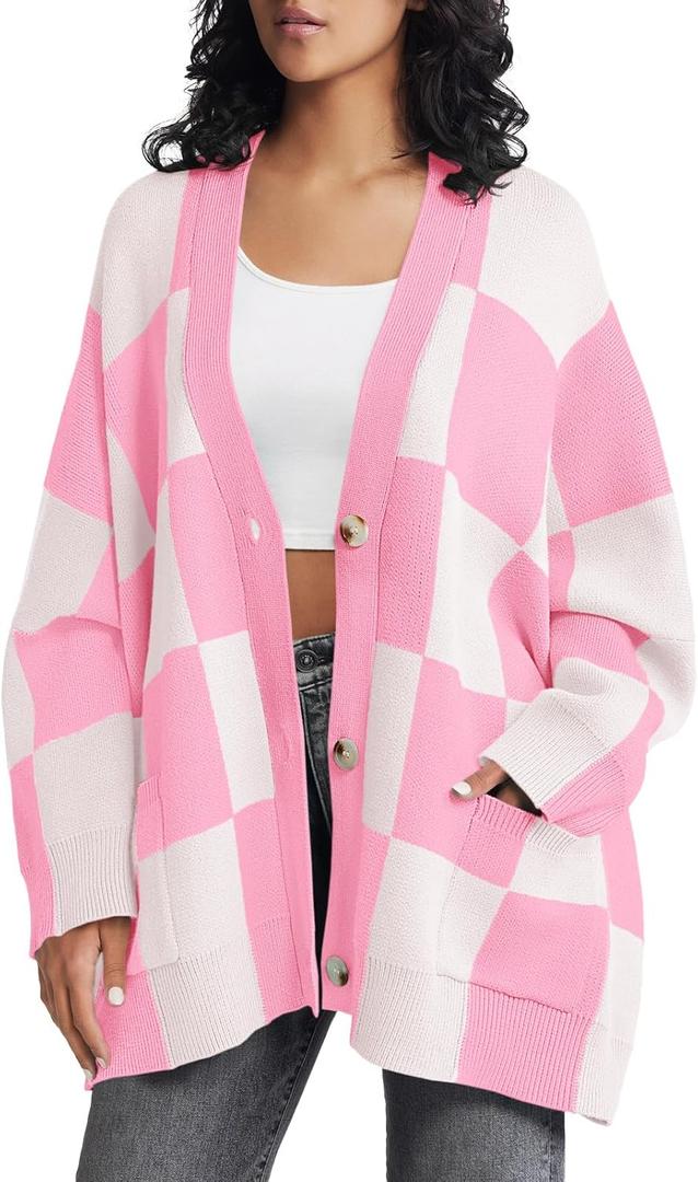 Saodimallsu Womens Checkered Sweater Color Block Plaid Oversized Cardigan Long Sleeve V Neck Button Down Knit Coats (Large, Pink)