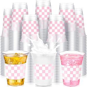 SiliFine 50 Pcs 12 oz Pink Checkered Plastic Cups Clear Disposable Gingham Plaid Party Cups for Racing Theme Birthday Wedding Baby Shower Party Decorations