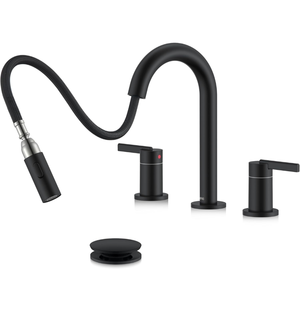 KENES Matte Black Pull Down Bathroom Faucet, 8 Inch 2 Handle Widespread Bathroom Faucet 3 Hole with Pull Out Sprayer, Bathroom Sink Faucet with Pop Up Drain & Supply Lines LJ-9068-2